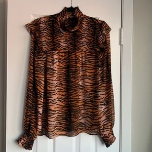 Black and Brown Animal Print Semi Sheer Ruched Blouse